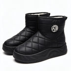 Quilted platform ankle boots, black, side zip, fleece lining, round logo patch