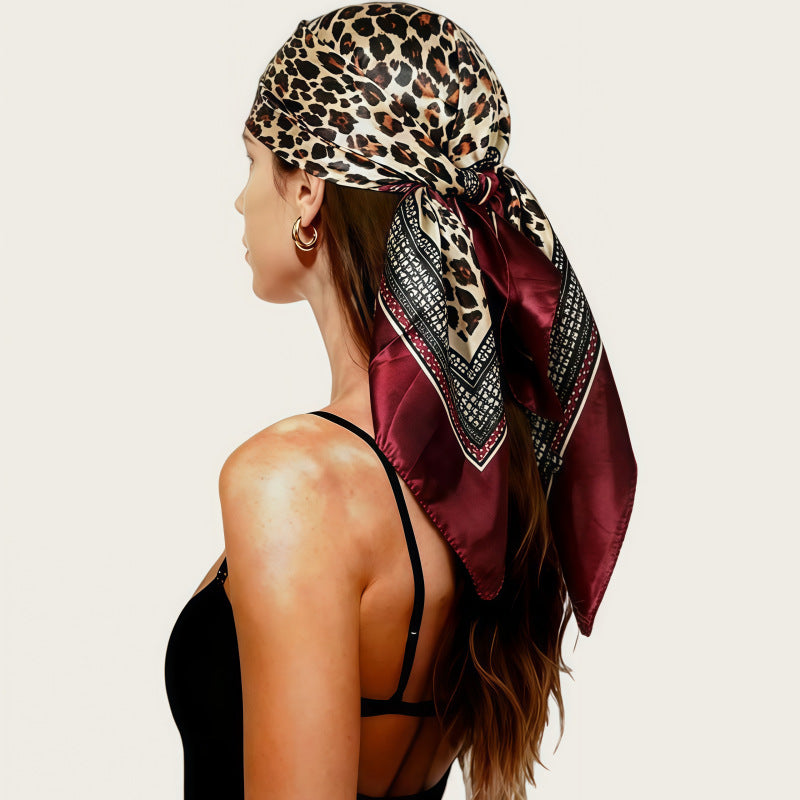 Leopard satin head scarf, large square wrap tied at the side