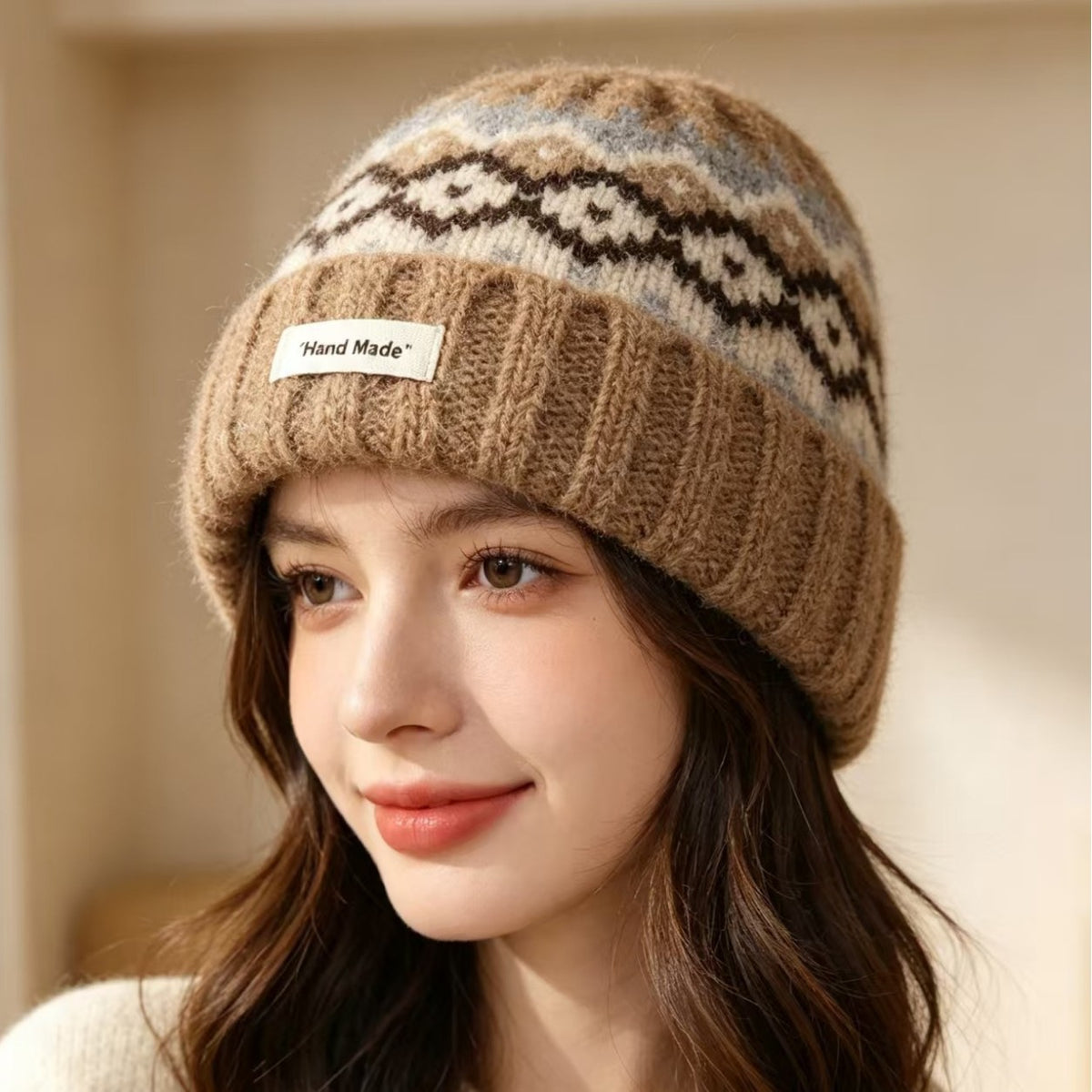 Women’s knit beanie with Fair Isle pattern and ribbed cuff, camel with dark brown and gray accents