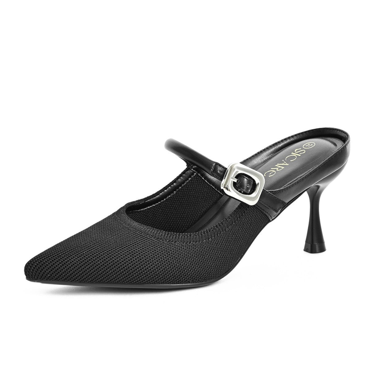 Black pointed-toe Mary Jane mule with stiletto heel and buckle strap, knit upper