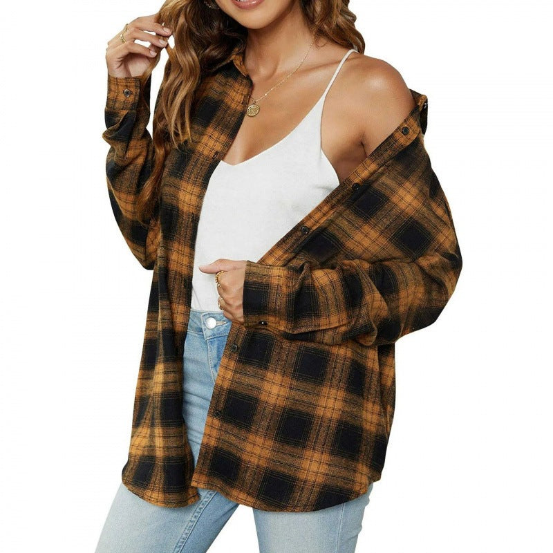 Plaid button-down shirt in dark brown and orange, oversized fit with button front
