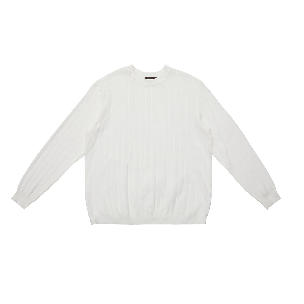 White ribbed crew neck sweater with long sleeves and wide rib knit pattern