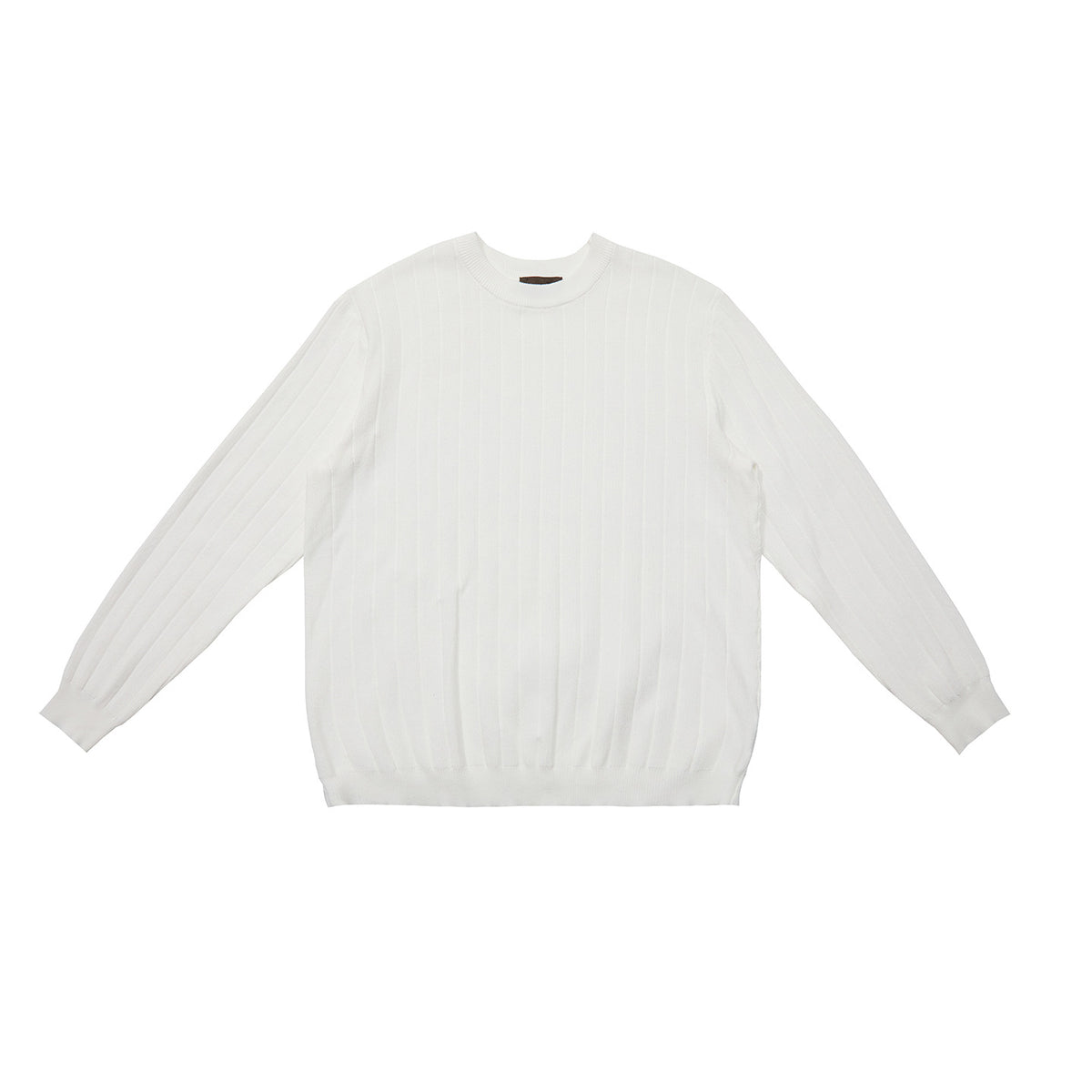 White ribbed crew neck sweater with long sleeves and wide rib knit pattern
