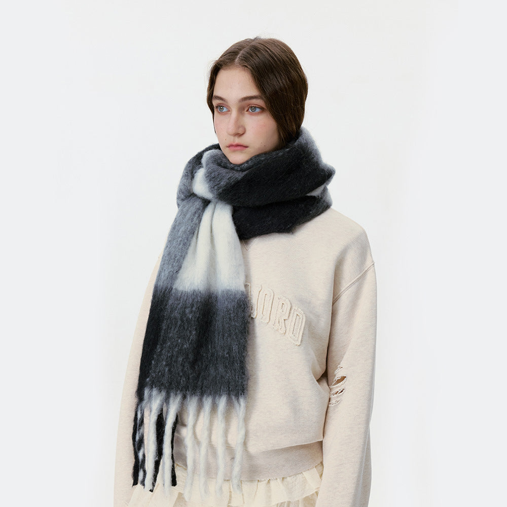 Plaid mohair-blend scarf in dark gray and charcoal with long fringed ends