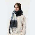 Plaid mohair-blend scarf in dark gray and charcoal with long fringed ends