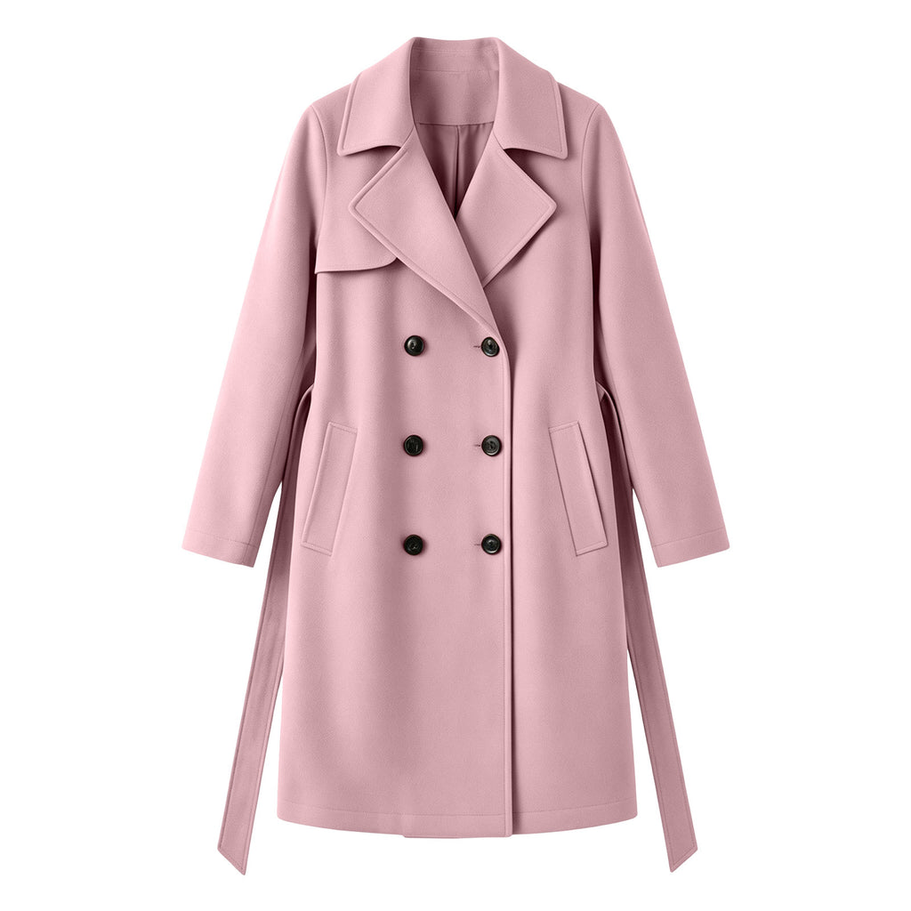 Light pink double-breasted wool overcoat with notch lapels, six-button front, flap pockets
