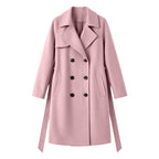 Light pink double-breasted wool overcoat with notch lapels, six-button front, flap pockets