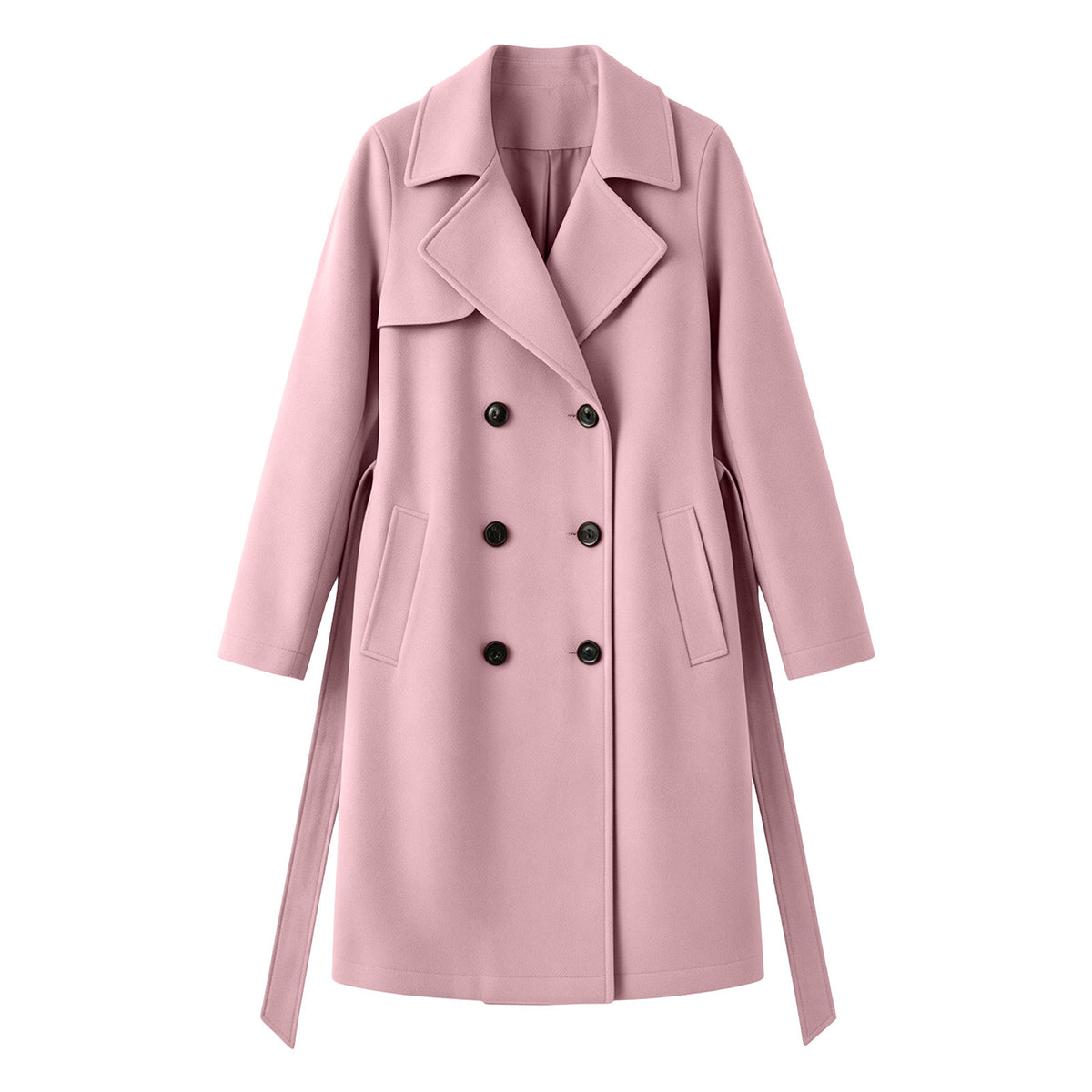 Light pink double-breasted wool overcoat with notch lapels, six-button front, flap pockets
