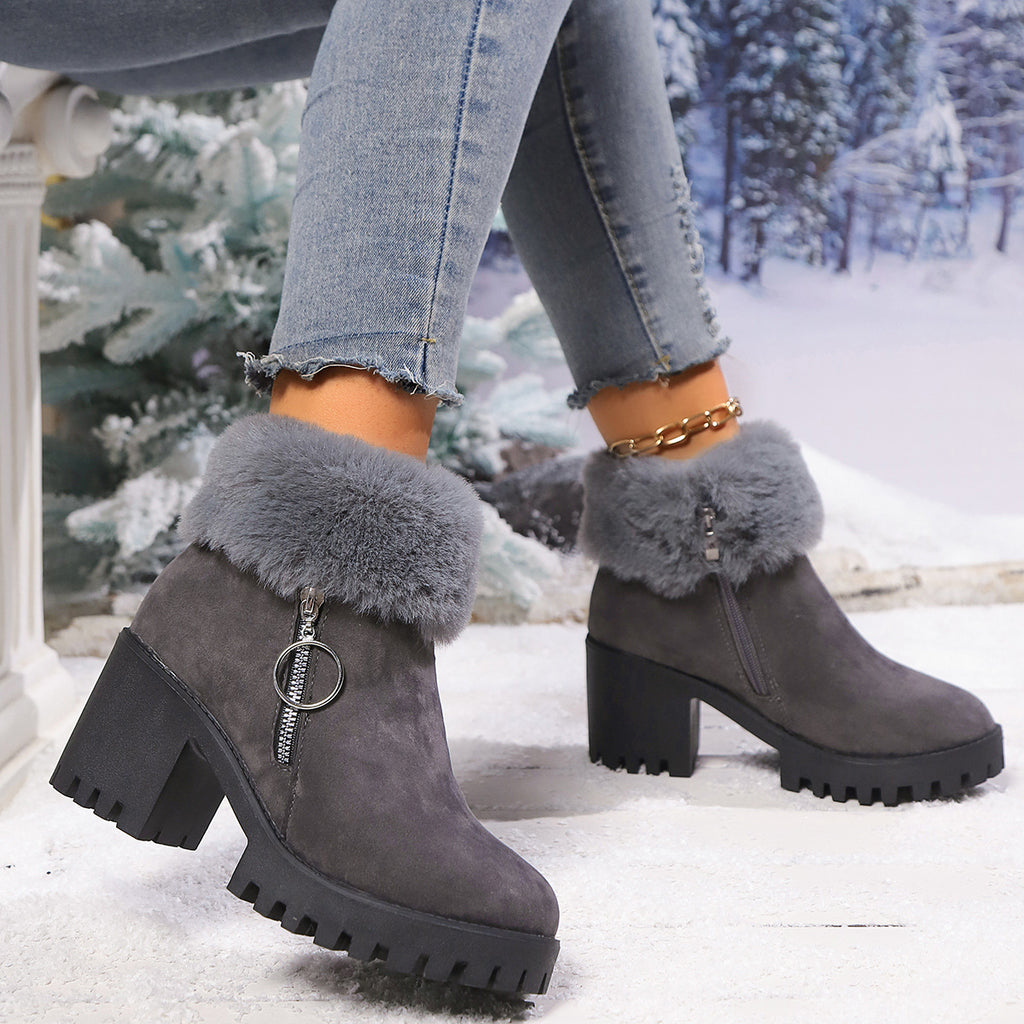 Dark gray ankle boots with faux fur cuff, side zip, chunky block heel, lug sole
