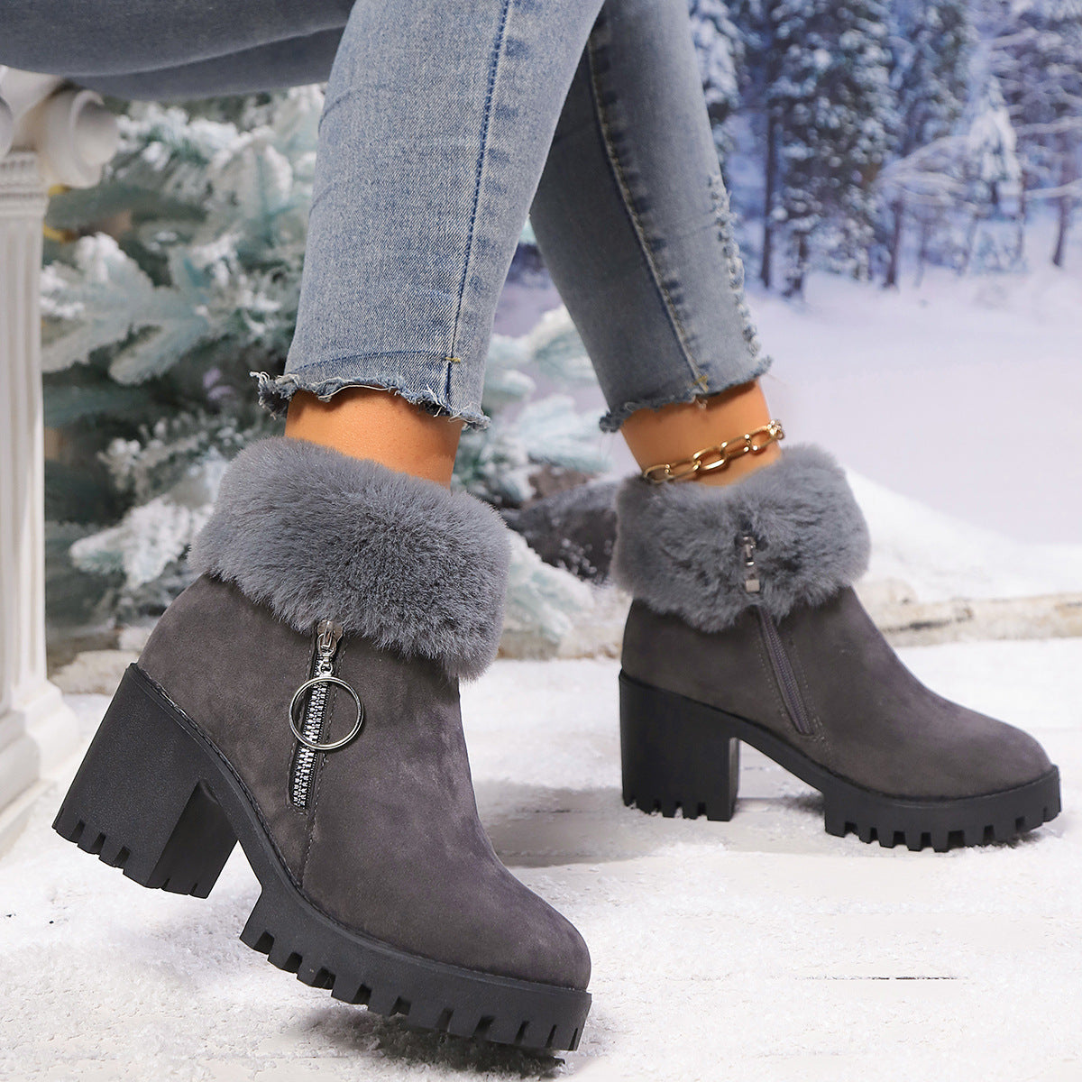 Dark gray ankle boots with faux fur cuff, side zip, chunky block heel, lug sole