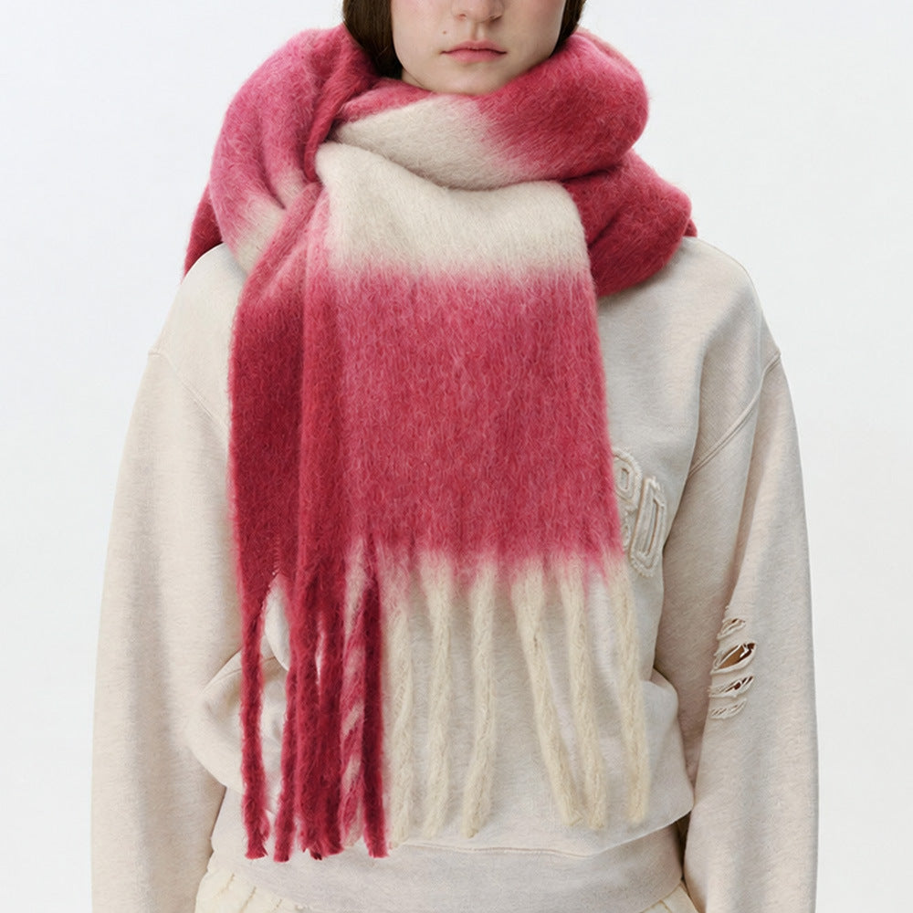 Plaid scarf in deep red and cream with soft fuzzy finish and long fringed ends