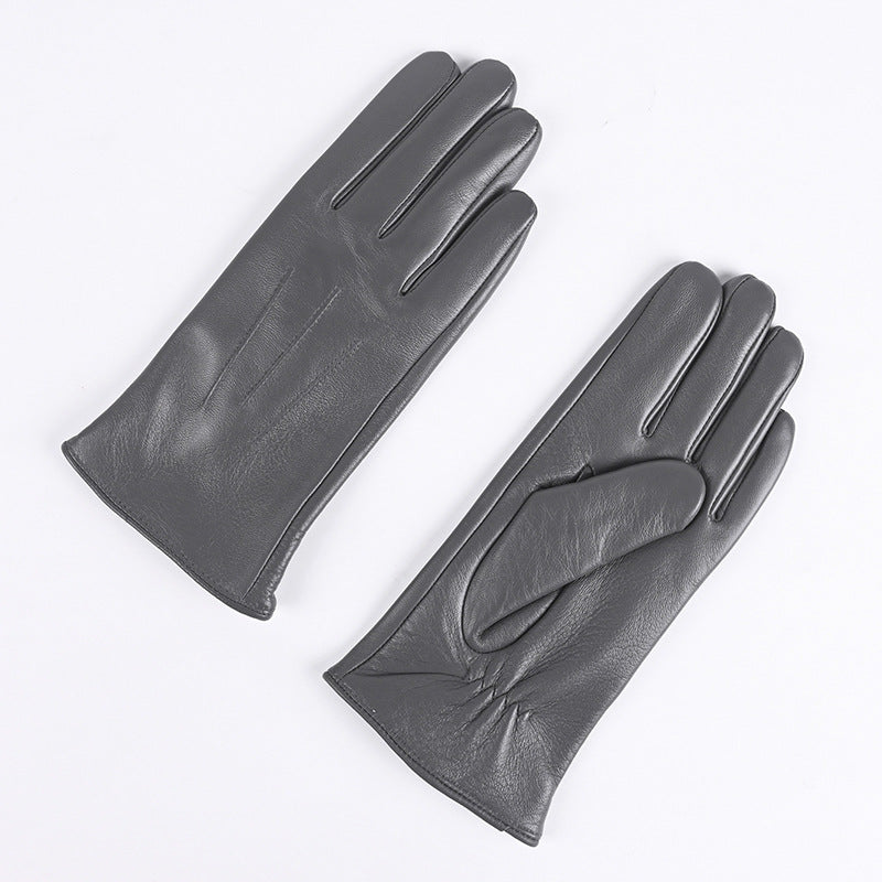 Dark gray leather gloves with three-strap cuffs, fleece-lined winter style.