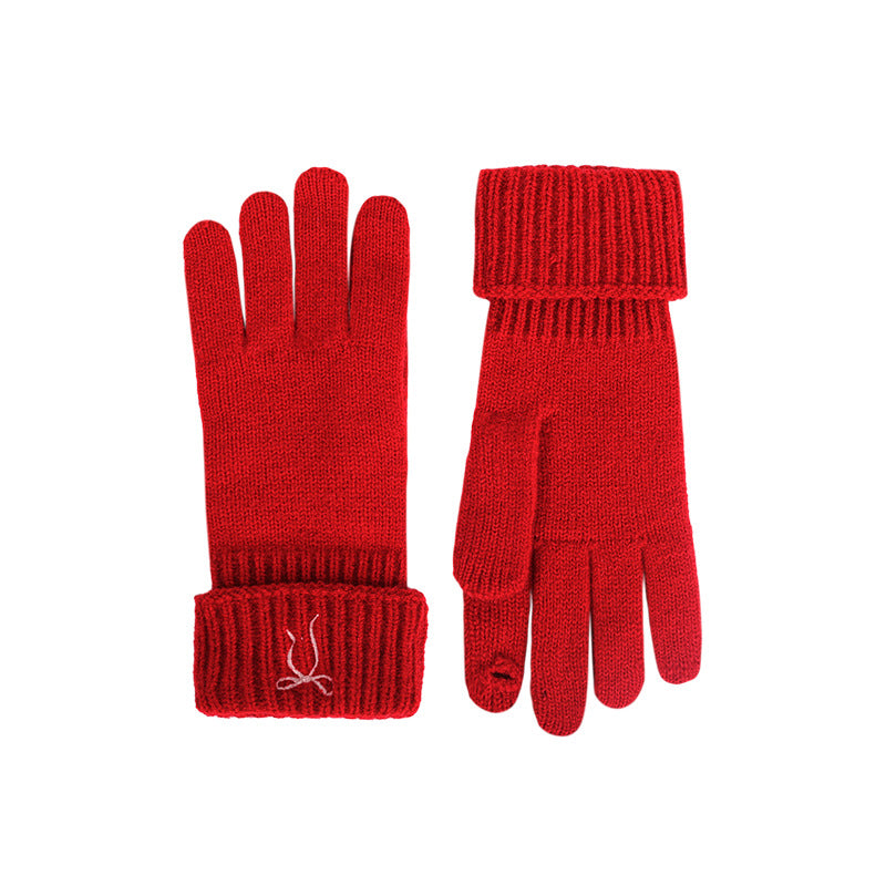 Red knit touchscreen gloves with ribbed fold-over cuffs and bow embroidery
