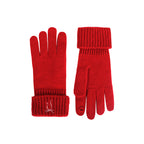 Red knit touchscreen gloves with ribbed fold-over cuffs and bow embroidery
