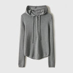 Women’s hooded henley sweater in heather gray fine knit, button placket and drawstring hood