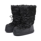 Black faux fur lace-up snow boots, rounded toe and thick outsole