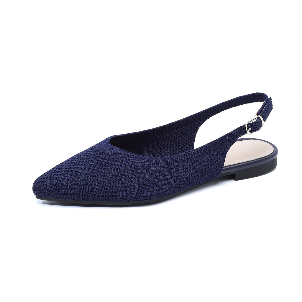 Woven pointed-toe slingback flats, dark blue, with thick sole and small buckle strap