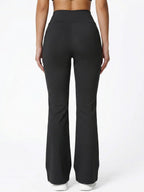 Black high-waisted bootcut yoga pants, rear view from behind