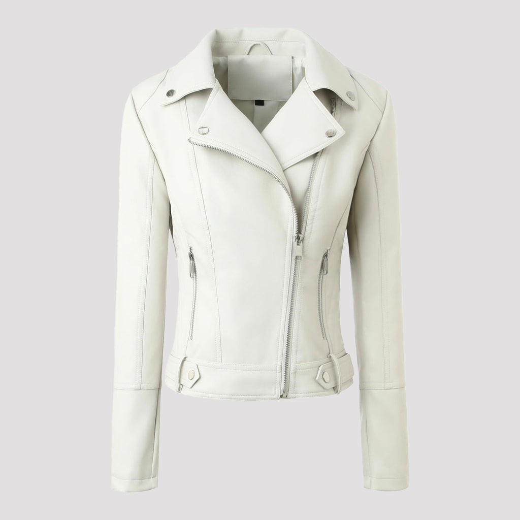 White faux leather moto jacket, asymmetrical zip front, snap collar, zip pocket details.