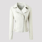 White faux leather moto jacket, asymmetrical zip front, snap collar, zip pocket details.
