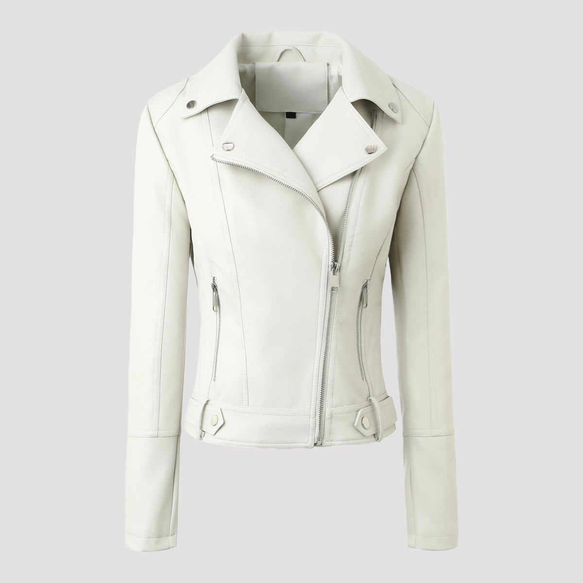White faux leather moto jacket, asymmetrical zip front, snap collar, zip pocket details.
