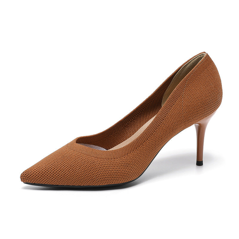 Women’s camel knit stiletto pumps with pointed toe and low slip-on neckline.