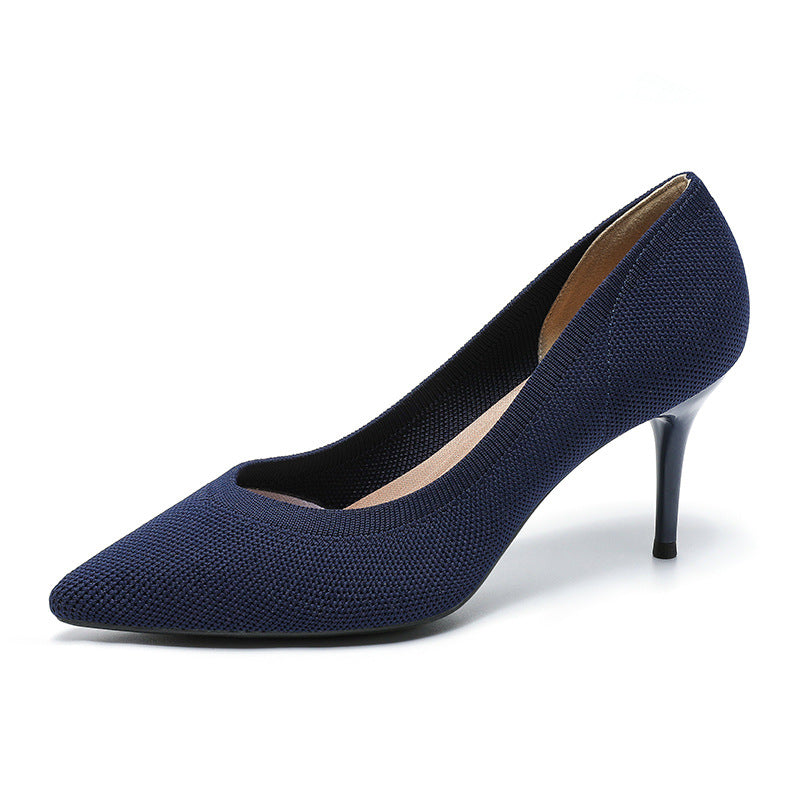 Women's pointed-toe knit stiletto pumps, dark blue, side view