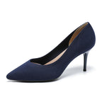 Women's pointed-toe knit stiletto pumps, dark blue, side view