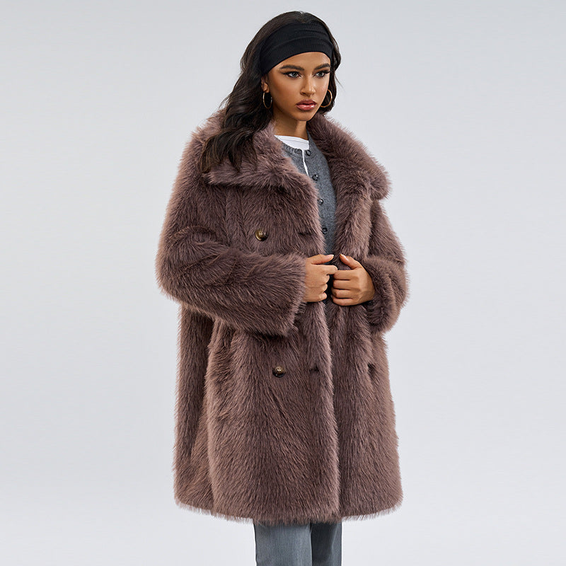 Women’s taupe-brown shaggy faux fur coat, wide collar, buttoned double-breasted front
