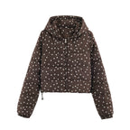 Cropped hooded puffer jacket with white polka dots, front zipper, elastic cuffs.