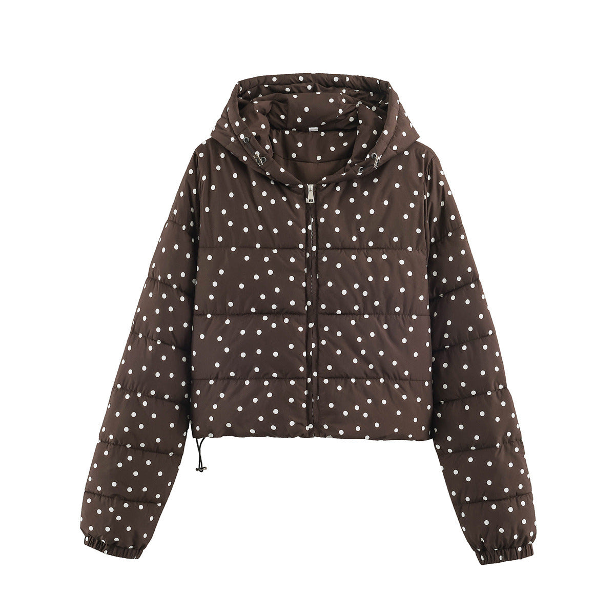 Cropped hooded puffer jacket with white polka dots, front zipper, elastic cuffs.