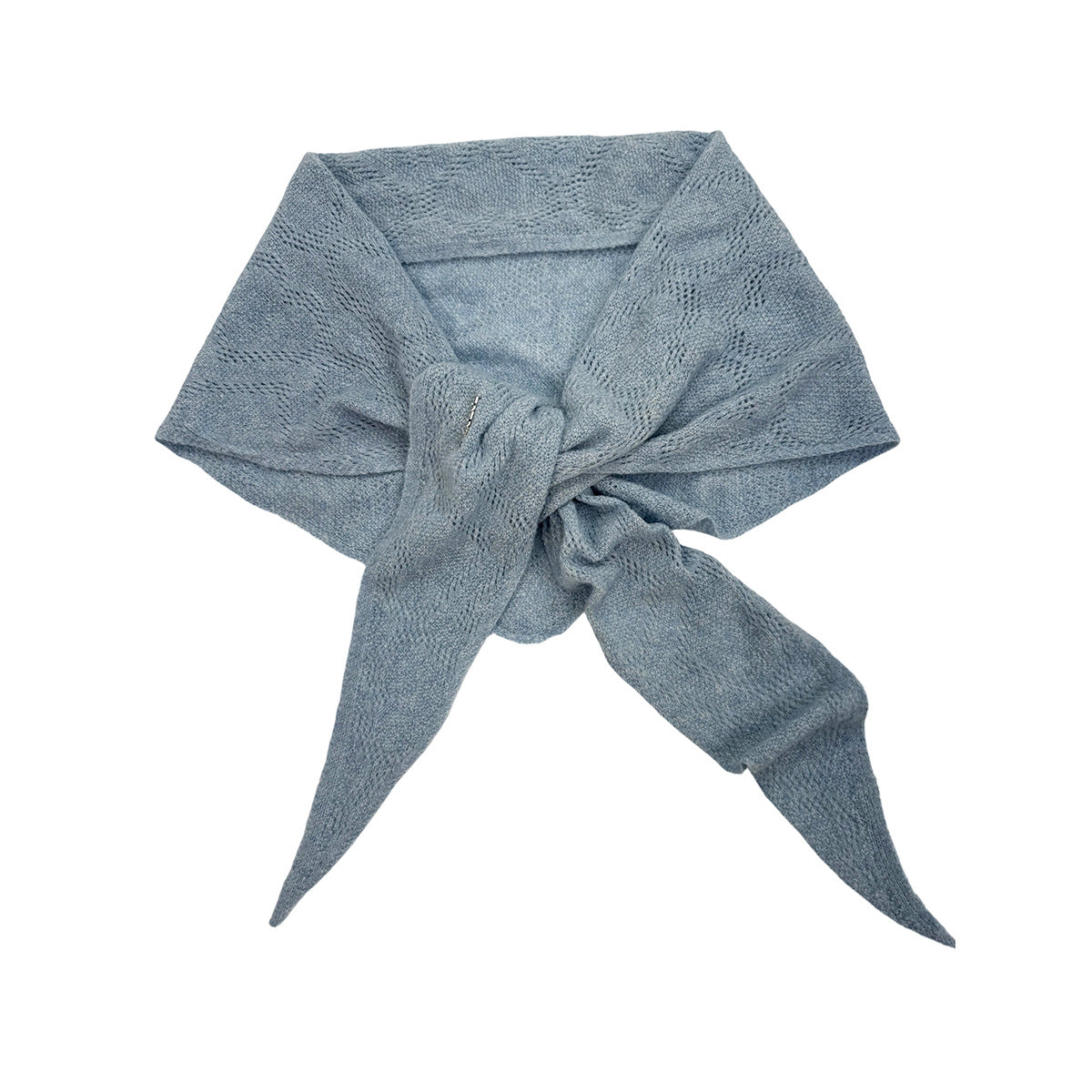 Light blue knit triangle scarf tied at the center, with openwork stitching