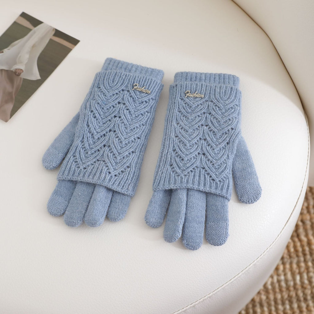 Women’s light blue fingerless knit gloves with ribbed cuffs and textured wave pattern
