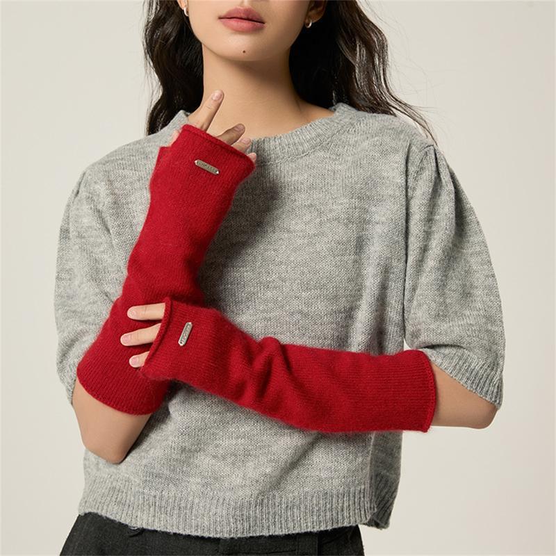 Red fingerless knit arm warmers with thumbhole, soft wool-blend cuff detail