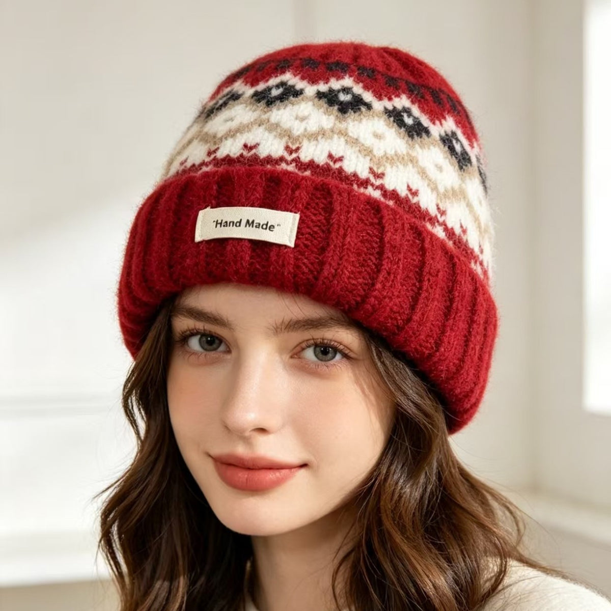 Women’s knit beanie with Fair Isle pattern and ribbed cuff, deep red with cream and black motifs