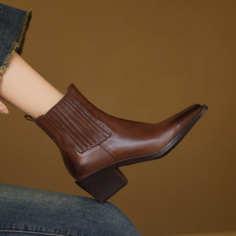 Brown square-toe Chelsea pull-on boots with side elastic and stacked block heel