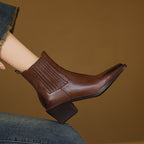 Brown square-toe Chelsea pull-on boots with side elastic and stacked block heel