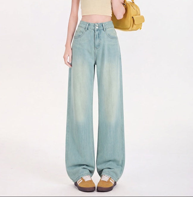 Women's wide-leg jeans, light green wash, high rise with button fly and cuffed hems