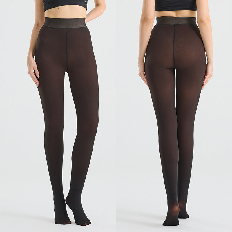 Dark brown sheer fleece lined high-waist tights with black waistband, front view