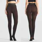 Dark brown sheer fleece lined high-waist tights with black waistband, front view