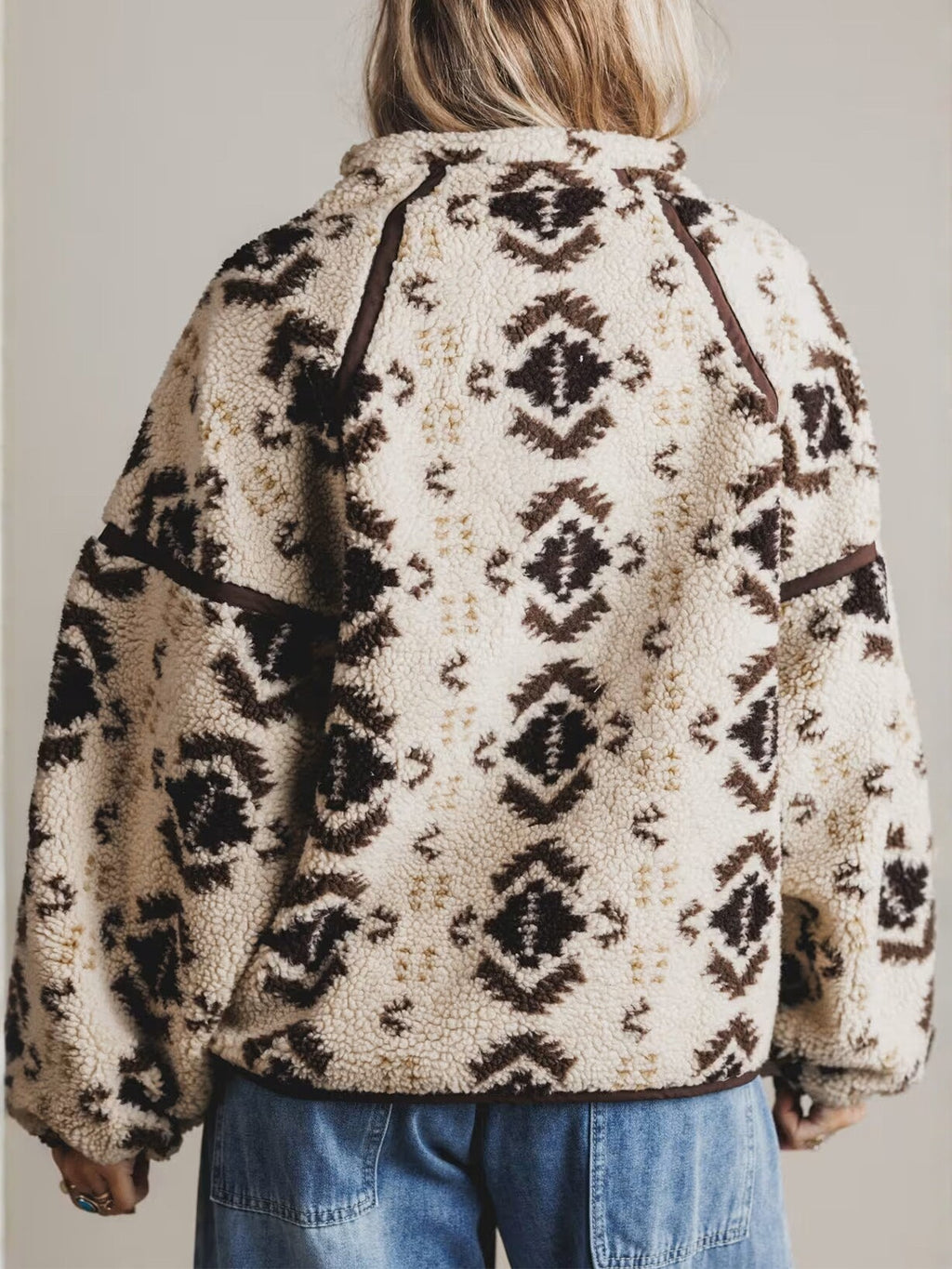 Women's sherpa pullover back view with quarter-zip, aztec pattern, long sleeves