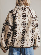 Women's sherpa pullover back view with quarter-zip, aztec pattern, long sleeves