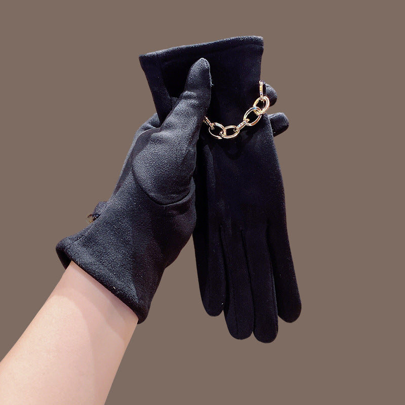Black faux suede gloves with gold chain-link cuff, full-finger design