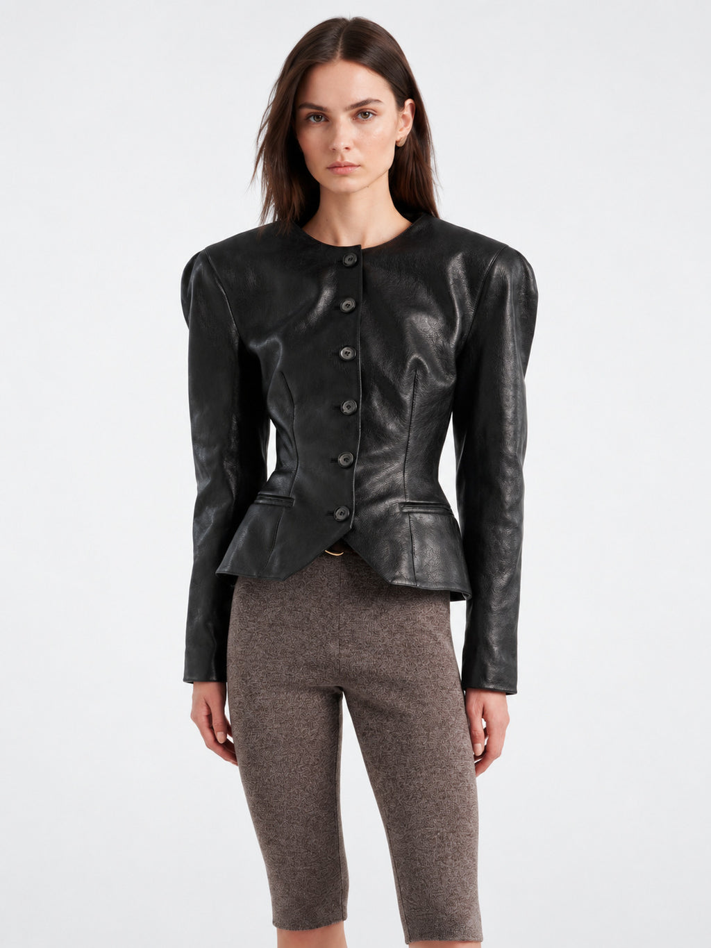 Black faux leather peplum blazer jacket with button front and structured shoulders