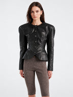 Black faux leather peplum blazer jacket with button front and structured shoulders
