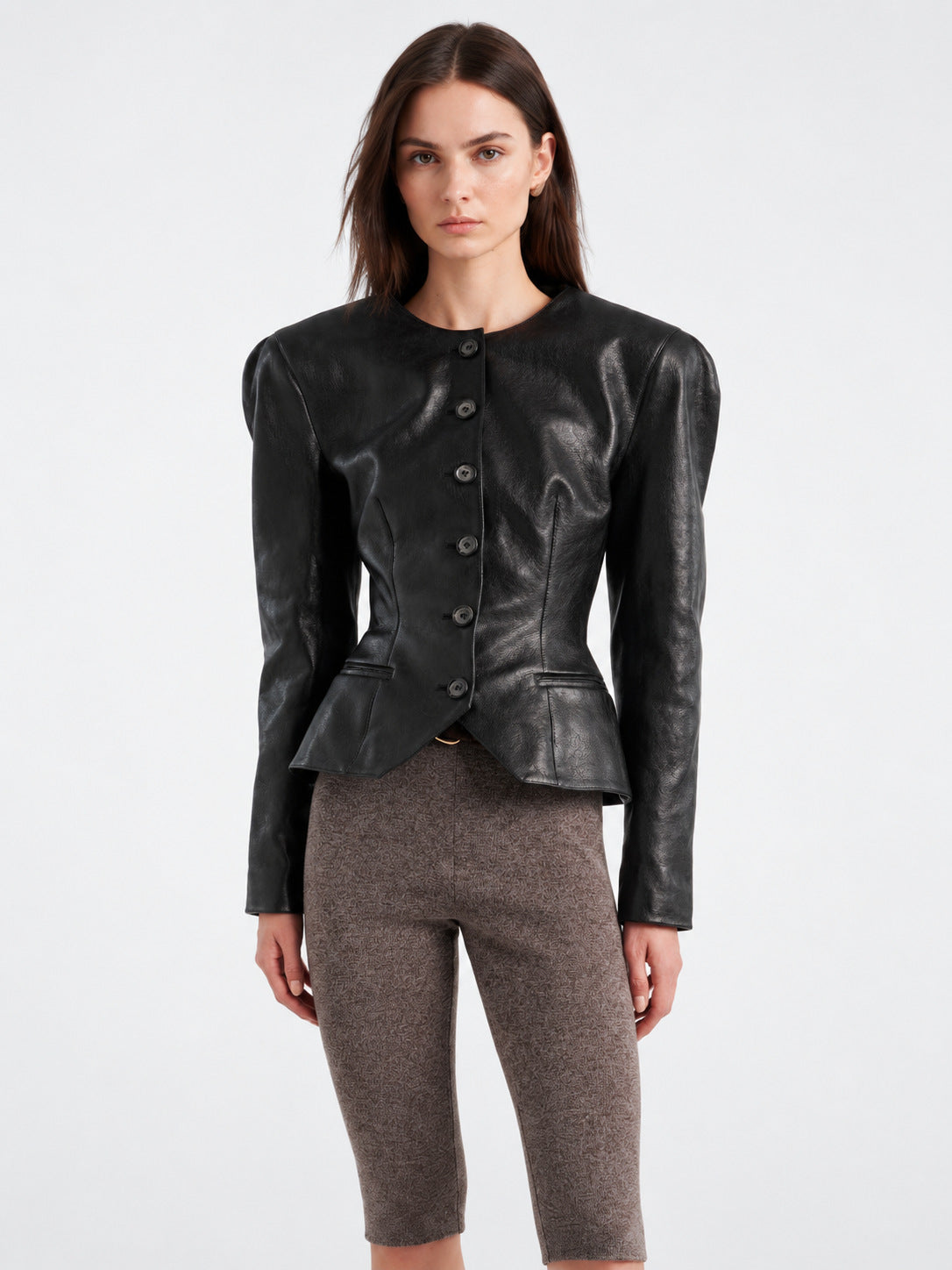 Black faux leather peplum blazer jacket with button front and structured shoulders