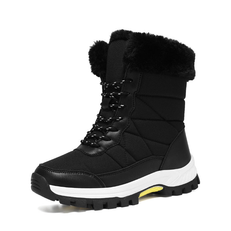 Women’s mid-calf faux fur lace-up snow boots in black, quilted upper and lug sole