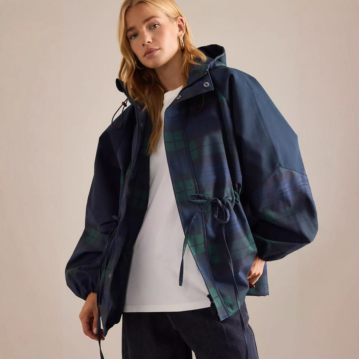 Dark blue plaid hooded windbreaker with adjustable drawstring waist, open front