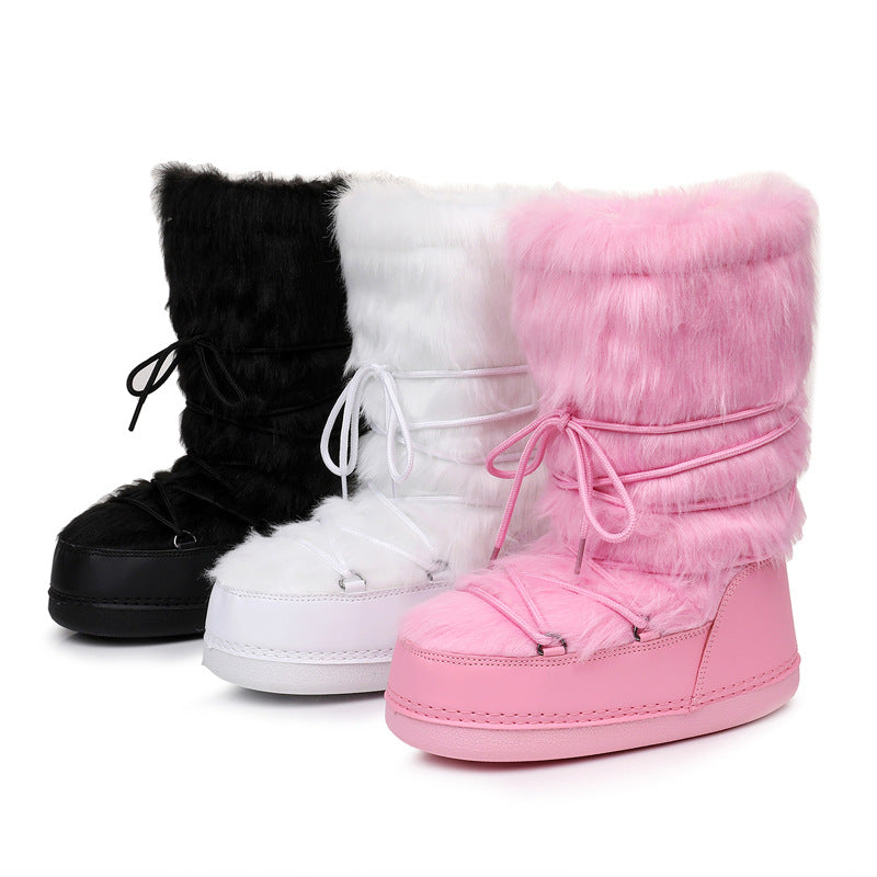 Set of three faux fur lace-up snow boots: black, white, and pink