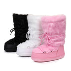 Set of three faux fur lace-up snow boots: black, white, and pink